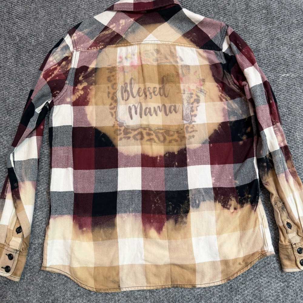 Upcycled Flannel‎ Shirt Shacket M Festival Patchwork Artsy Boho BLESSED Mama